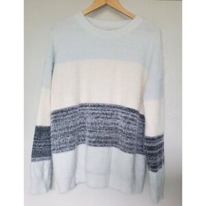 Cozy Striped Fuzzy Sweater Light‎ Blue Cream Navy Pullover Nautical L